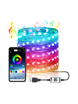 Умная гирлянда Kurato НИТЬ управление с телефона, 200 светодиодов, 20 метров, RGB